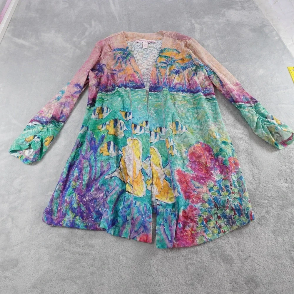Leoma Lovegrove Open Cardigan Womens L Colorful Fish Print Casual Ruched Sleeve - Picture 8 of 12